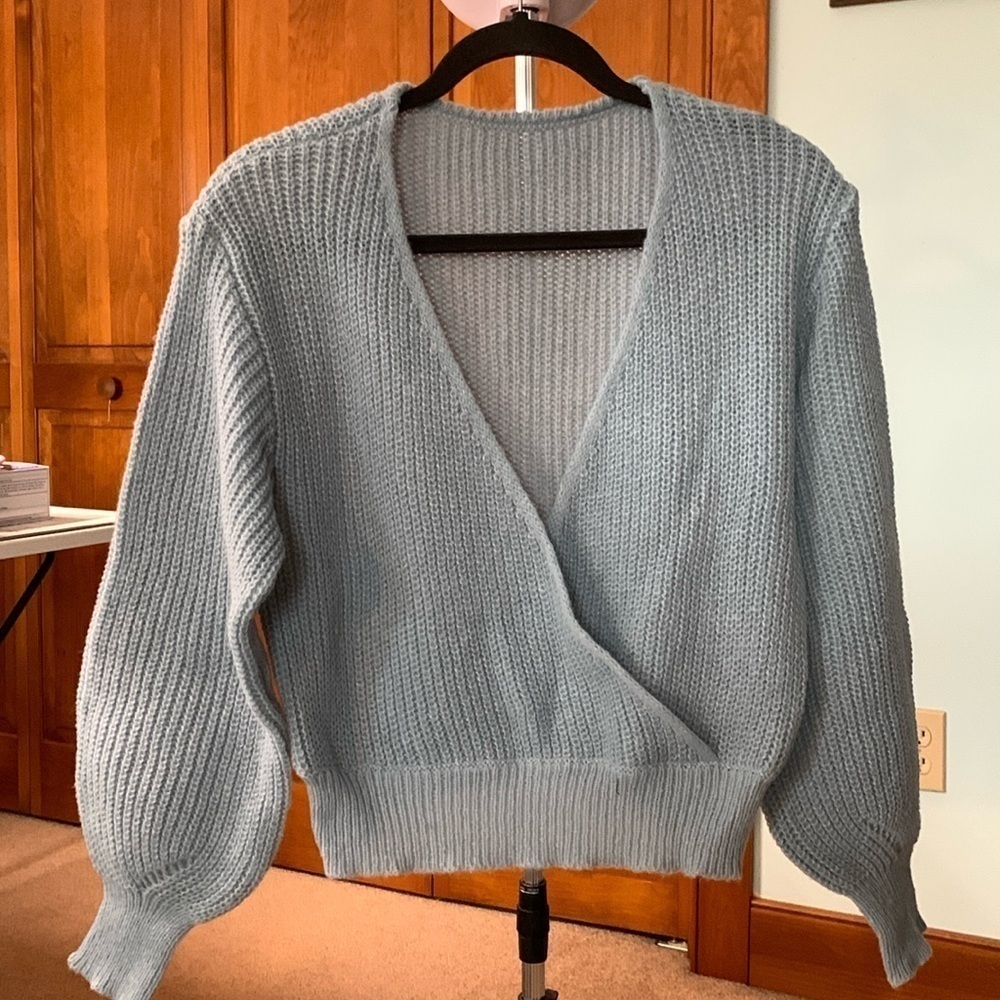 Powder Blue Faux Wrap Cropped Sweater Size Large NWOT